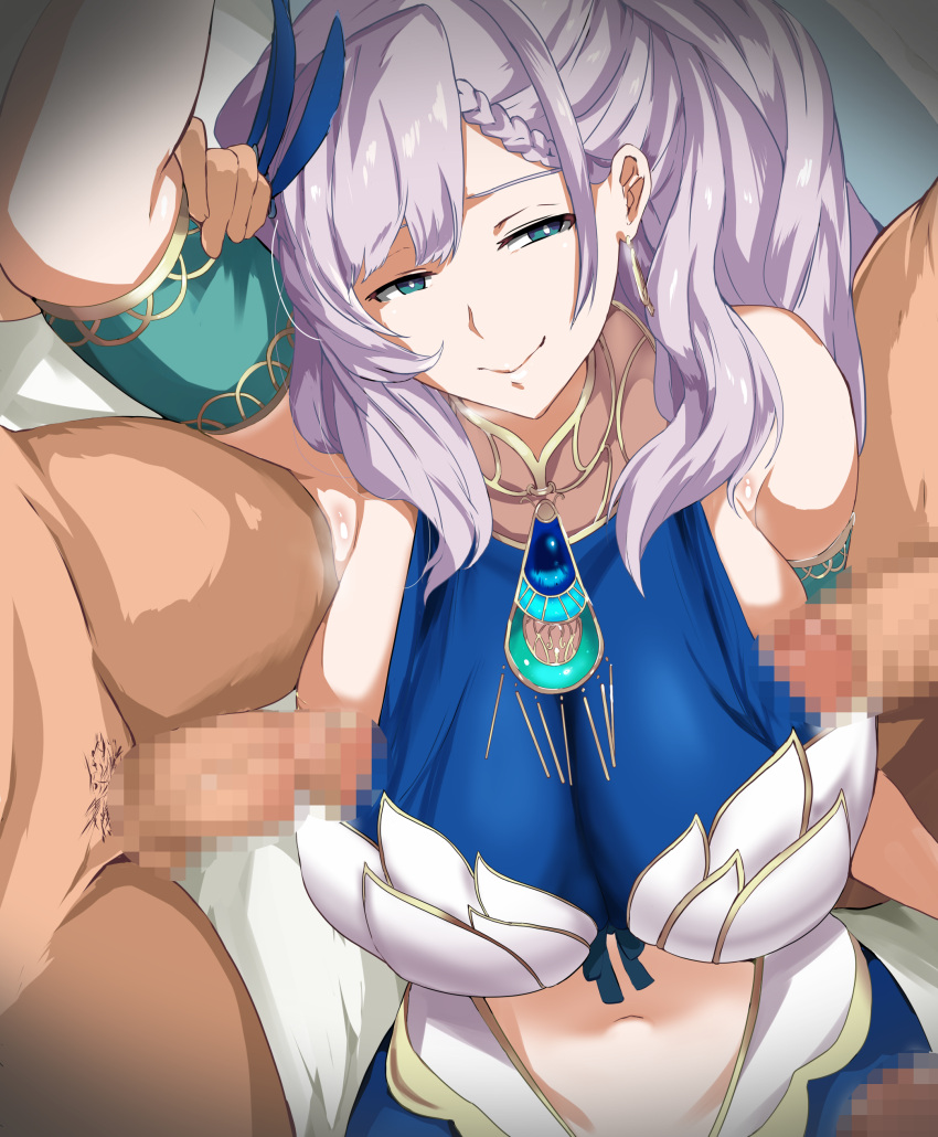 1girl 3boys absurd_res arm_up armlet bangs bare_shoulders blue_eyes braid breasts cafekun censored closed_mouth clothing_cutout commentary_request earrings erection from_above group_sex hair_behind_ear high_res hololive hololive_indonesia huge_breasts jewelry kneel long_hair lying male_pubic_hair mosaic_censoring multiple_boys navel navel_cutout necklace nude on_back out_of_frame pavolia_reine penis pubic_hair purple_hair smile virtual_youtuber