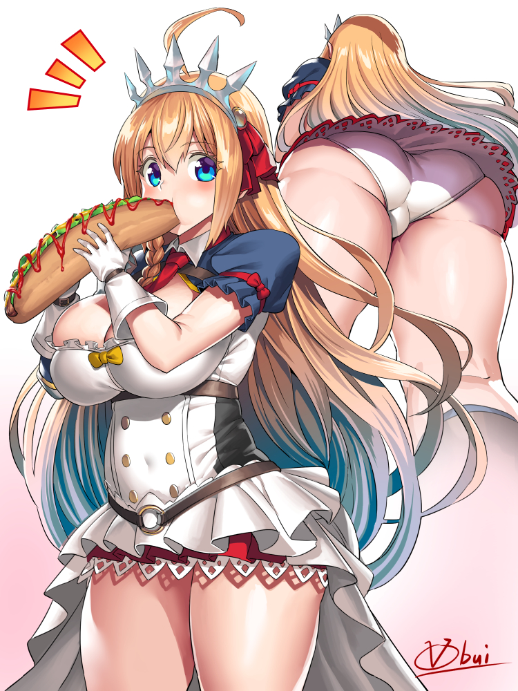 1girl ass big_ass blonde_hair breasts chubby_body eating food long_hair medium_breasts multiple_fellatio pecorine princess_connect!_re:dive sandwich solo_focus stockings thick_thighs thighs tiara