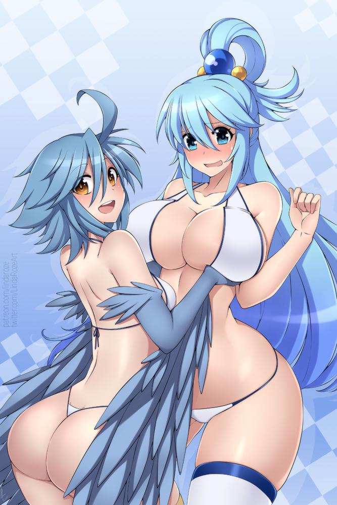 1girl 2_girls aqua_(konosuba) blue_hair goddess harpy holding huge_breasts kono_subarashii_sekai_ni_shukufuku_wo! monster_musume_no_iru_nichijou papi_(monster_musume) small_breasts yuri