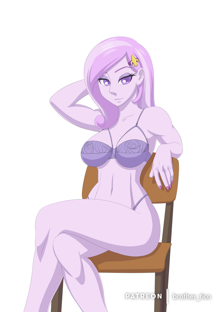 1girl bra brother-tico crossed_legs_(sitting) equestria_girls female female_only fleur_de_lis fleur_de_lis_(mlp) friendship_is_magic long_hair looking_at_viewer mostly_nude my_little_pony painted_nails panties sitting solo white_background