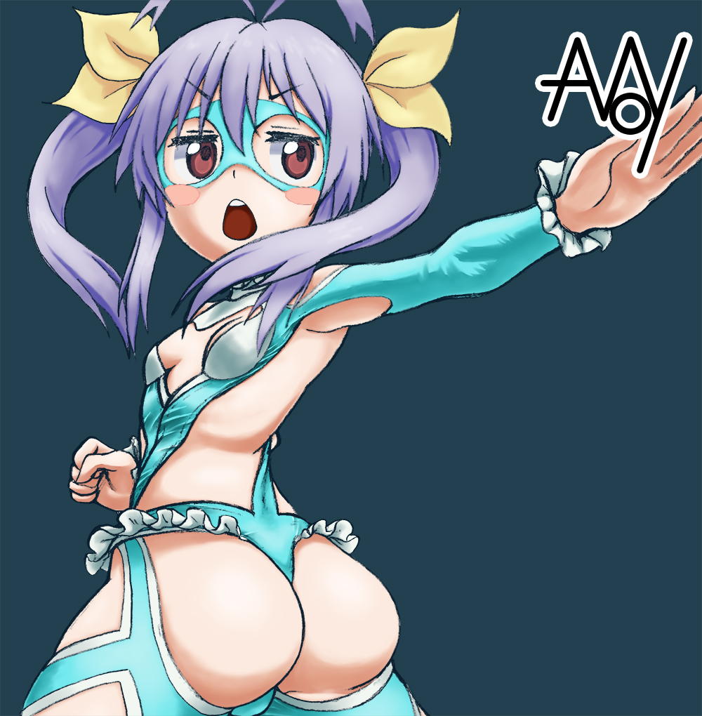 1girl alternate_costume anon-c anonichan antenna_hair ass ass_focus bare_shoulders blush blush_stickers breasts brown_eyes clothes clothing_cutout cosplay from_behind hair_ribbon leotard long_hair looking_back mask miyauchi_renge non_non_biyori purple_hair rainbow_mika rainbow_mika_(cosplay) revealing ribbon shoulder_cutout small_breasts solo_female stockings street_fighter thick_thighs twin_tails wrestling_outfit