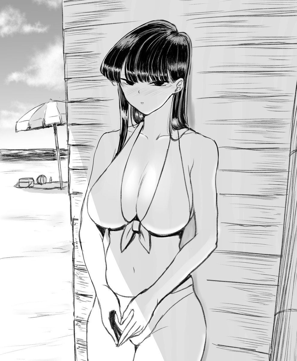 1girl 1girl beach bikini black_hair blush breasts komi-san_wa_komyushou_desu komi_shouko long_sleeves looking_at_viewer medium_breasts swimsuit