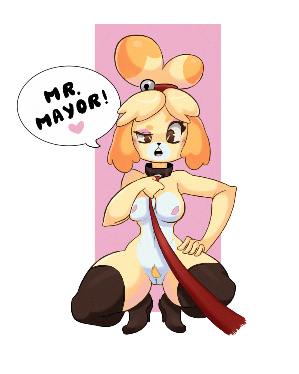 1girl 1girl 2019 alternate_version_at_source animal_crossing anthro breasts canid canine canis clothing collar crouching domestic_dog english_text furry genitals high_res isabelle_(animal_crossing) leash legwear mammal nintendo open_mouth pubes pussy shih_tzu sollarian speech_bubble stockings text toy_dog video_games