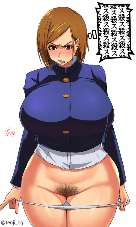 1boy 1girl 1girl alternate_breast_size angry big_breasts big_breasts blush bob_cut breasts brown_eyes brown_hair clothed_female female_focus female_only glaring gritted_teeth heavy_blush huge_breasts jacket japanese_text jujutsu_kaisen kugisaki_nobara panties panties_pulled_down panty_pull plain_background presenting presenting_pussy pubic_hair school_uniform shirt short_hair solo_female solo_focus tenji text text_bubble thick_thighs thighs undressing watermark white_background wide_hips