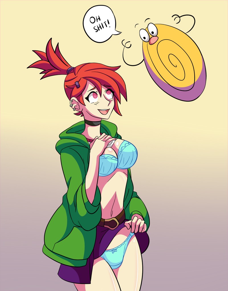 belt big_breasts bra breasts choker earrings electrickronos femsub foster's_home_for_imaginary_friends frankie_foster happy_trance humor open_mouth panties piercing red_hair shirt_lift simple_background skirt skirt_lift spiral_eyes symbol_in_eyes text underwear_pull