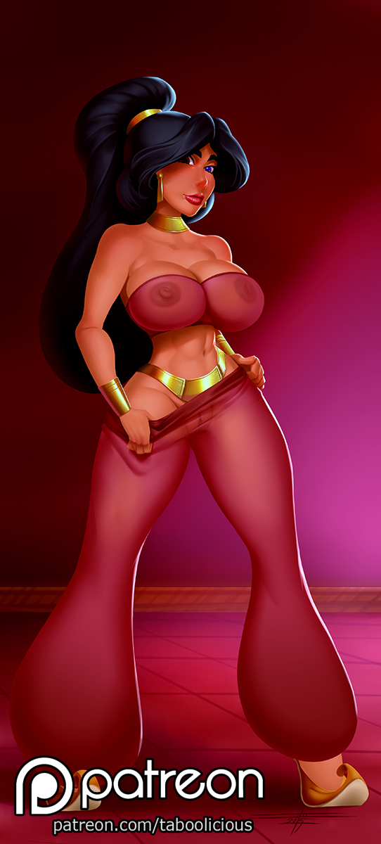 1girl aladdin_(series) black_hair breasts disney female looking_at_viewer mostly_nude no_underwear pants princess_jasmine pussy see-through see-through_clothes standing taboolicious