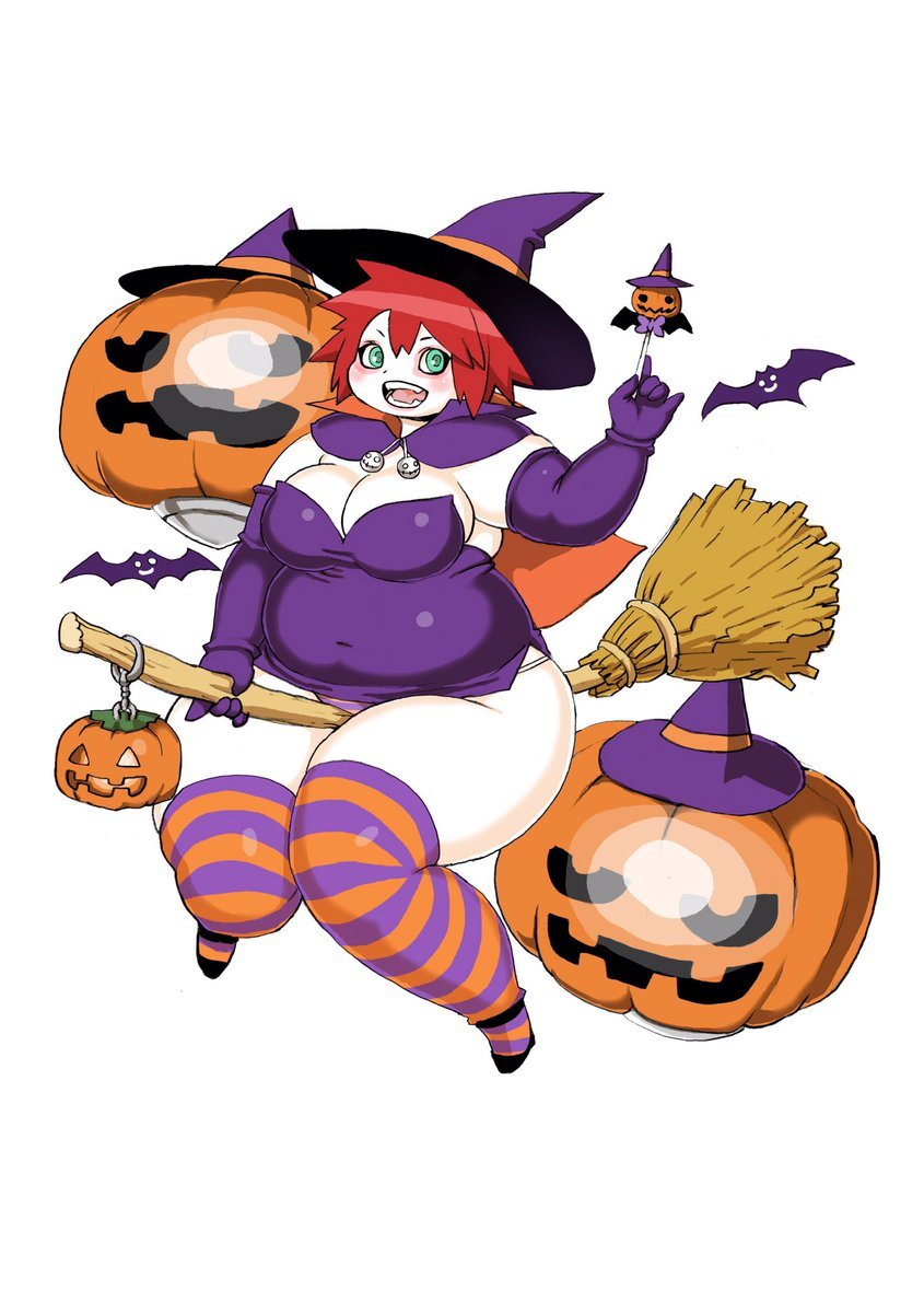 bat bbw broomstick flying glasses gloves halloween jack-o'-lantern pumpkin red_hair short_hair smile stockings witch witch_hat