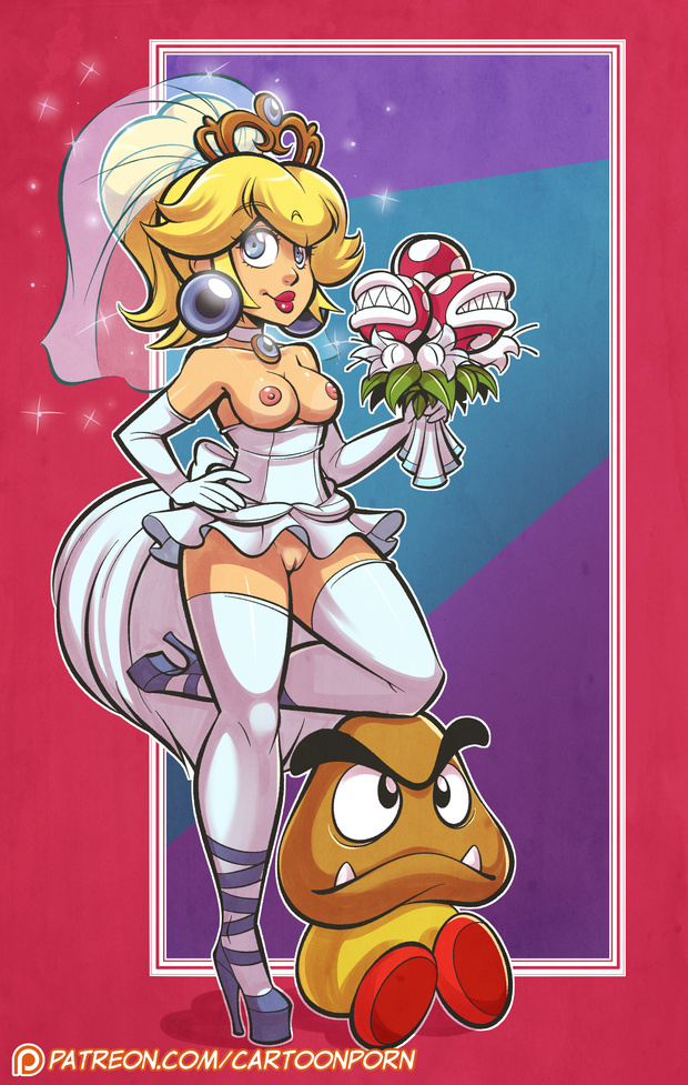 blonde_hair breasts dress earrings exposed_breasts female female_human gloves goomba high_heels lipstick looking_at_viewer no_bra no_panties partially_clothed piranha_plant princess_peach short_dress standing stockings super_mario_bros.