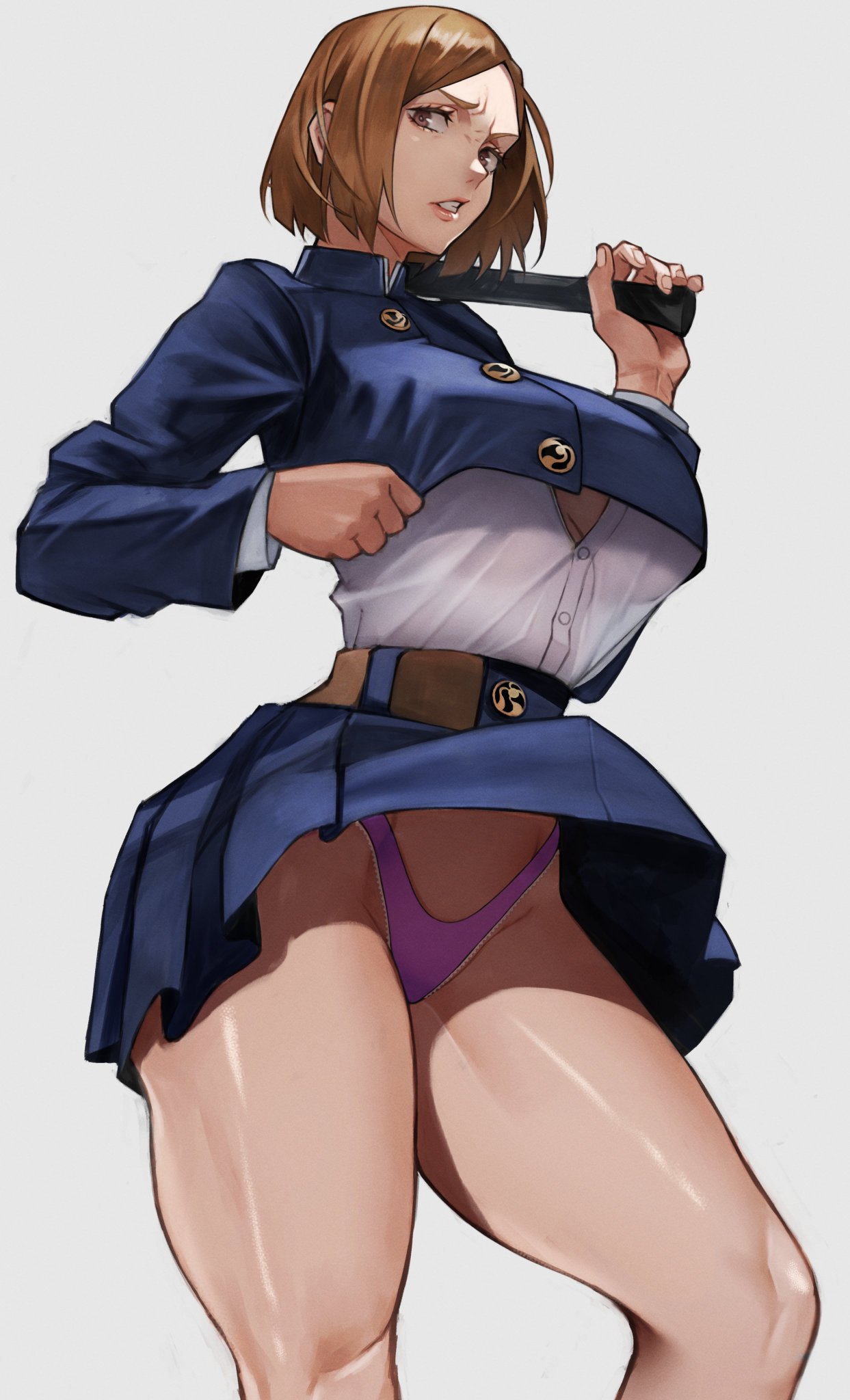 1girl alternate_version_available beltskirt big_breasts bob_cut breasts brown_eyes brown_hair clothed_female female_focus female_only front_view gantz glaring gritted_teeth hairless_pussy high_res holding_object hourglass_figure jacket jujutsu_kaisen kugisaki_nobara long_sleeves looking_at_viewer no_pants panties parted_lips pink_panties plain_background shirt shirt_lift short_hair skirt solo_female solo_focus teen thick_thighs thighs unbuttoned_shirt under_boob underwear upskirt white_background wide_hips yoshi55level yoshio_(55level)