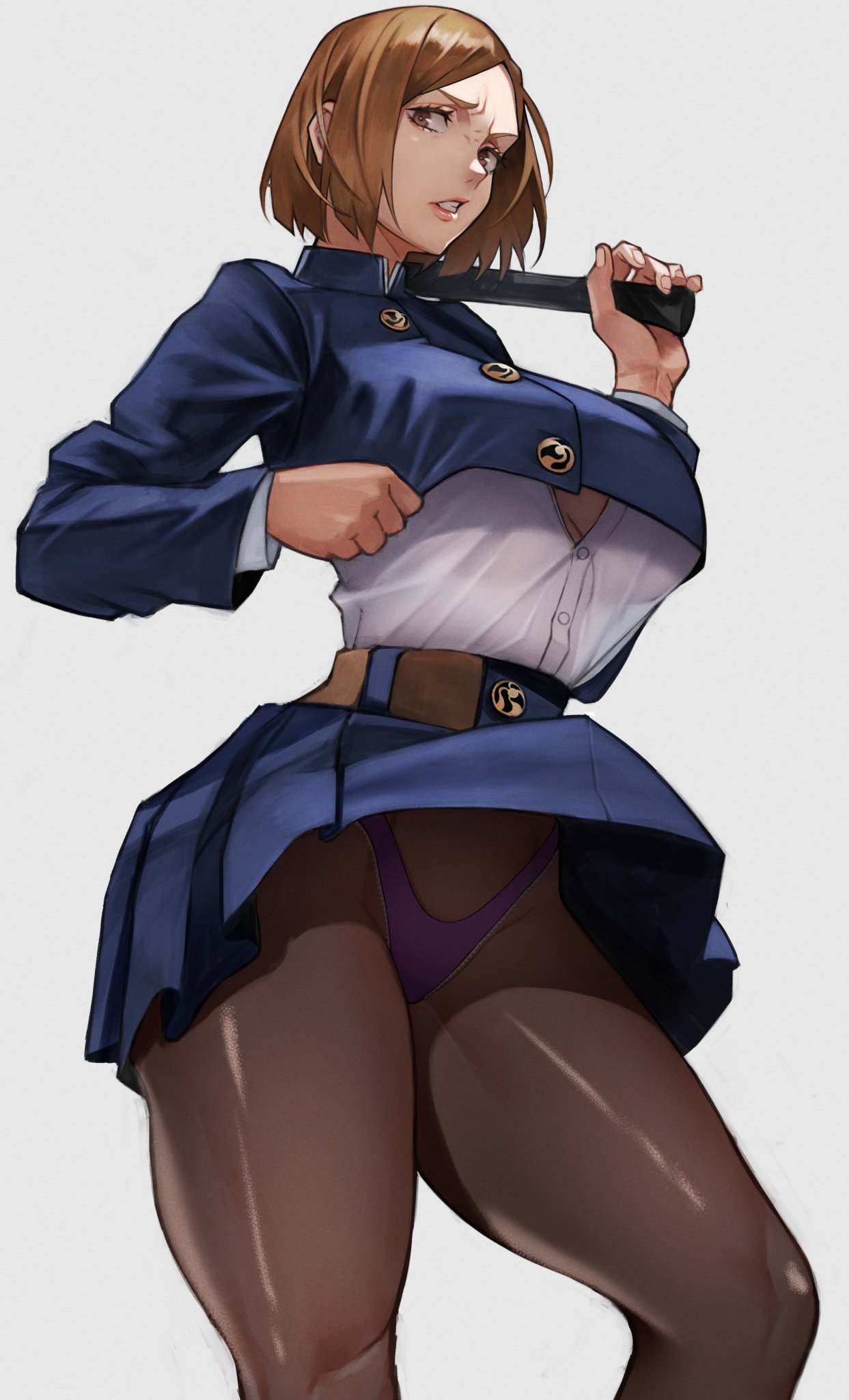 1girl alternate_version_available beltskirt big_breasts bob_cut breasts brown_eyes brown_hair clothed_female female_focus female_only front_view gantz glaring gritted_teeth hairless_pussy high_res holding_object hourglass_figure jacket jujutsu_kaisen kugisaki_nobara long_sleeves looking_at_viewer no_pants panties parted_lips pink_panties plain_background shirt shirt_lift short_hair skirt solo_female solo_focus teen thick_thighs thighs unbuttoned_shirt under_boob underwear upskirt white_background wide_hips yoshi55level yoshio_(55level)