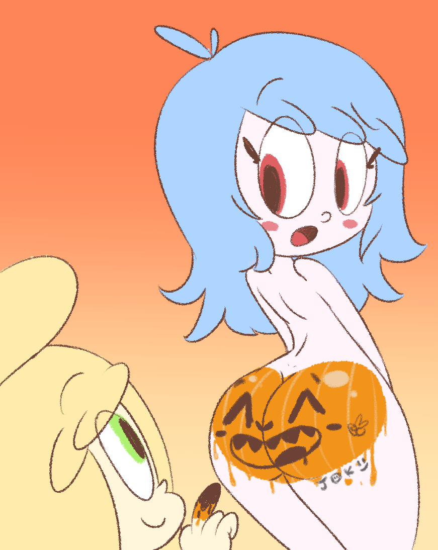 2_girls ass bodypaint funny halloween jack-o'-lantern looking_back multiple_girls nude paint pumpkin pumpkin_butt