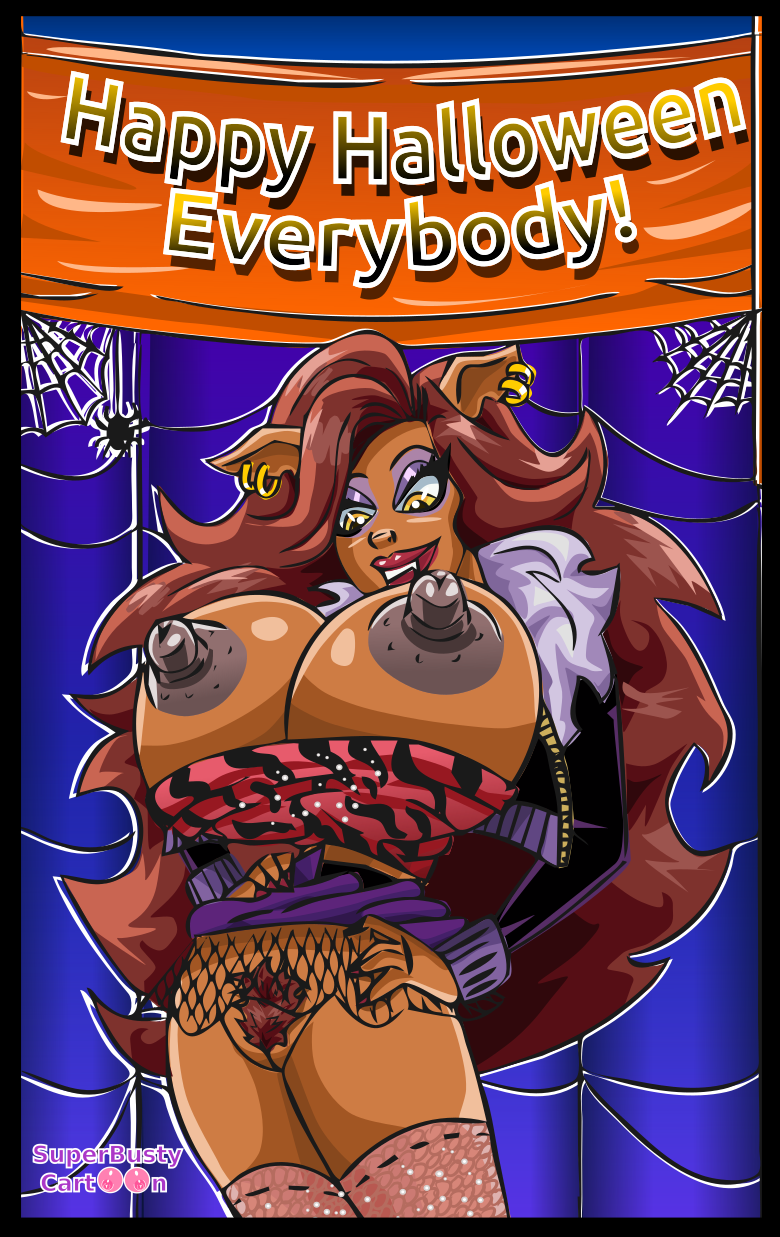big_areola big_nipples bimbo breasts_out_of_clothes clawdeen_wolf hairy_pussy halloween huge_areolae huge_breasts huge_nipples massive_breasts monster_high nude_female pubic_hair superbustycartoon thick_thighs