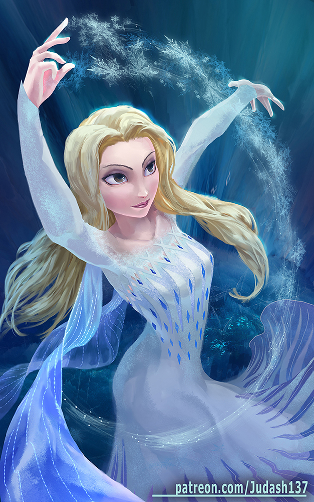 1girl arm_up bare_shoulders blonde_hair blue_background blue_eyes cleavage commentary disney dress element_bending elsa elsa_(frozen) female female_only frozen_(movie) frozen_ii_(disney) gluteal_fold hair_over_shoulder hand_up judash137 long_hair magic pale_skin patreon_username see-through_silhouette signature smile snowflakes solo standing watermark white_dress