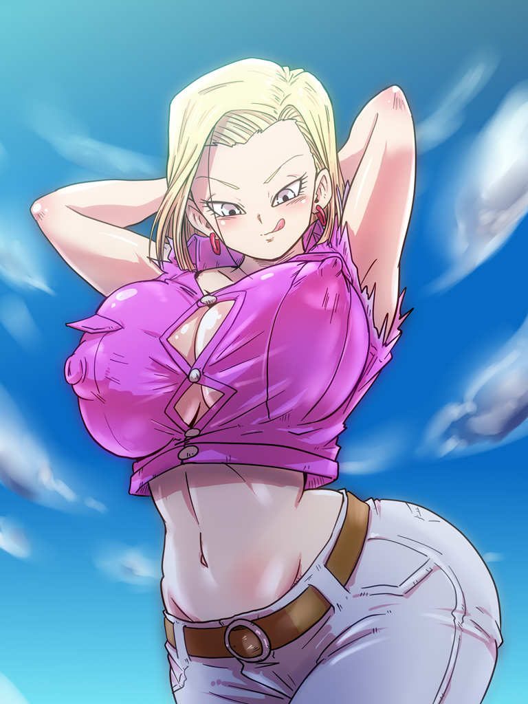 1girl android_18 bursting_breasts dragon_ball dragon_ball_z erect_nipples female_only huge_breasts nipple_bulge rickert_kai solo_female wide_hips yellow_hair