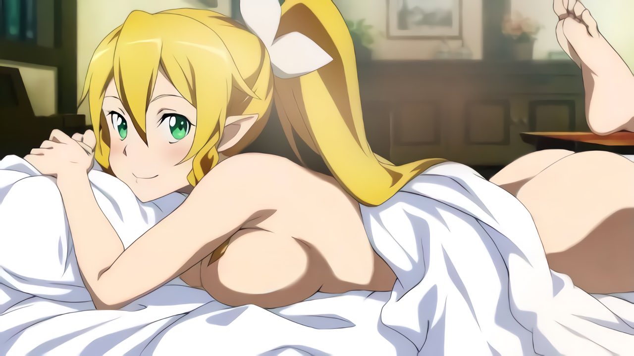 10s 1girl alluring ass barefoot bed big_breasts blanket blonde_hair blush breasts feet green_eyes kawakami_tetsuya leafa long_hair looking_at_viewer lying nude on_stomach pillow pointy_ears ponytail smile soles sword_art_online the_pose toes