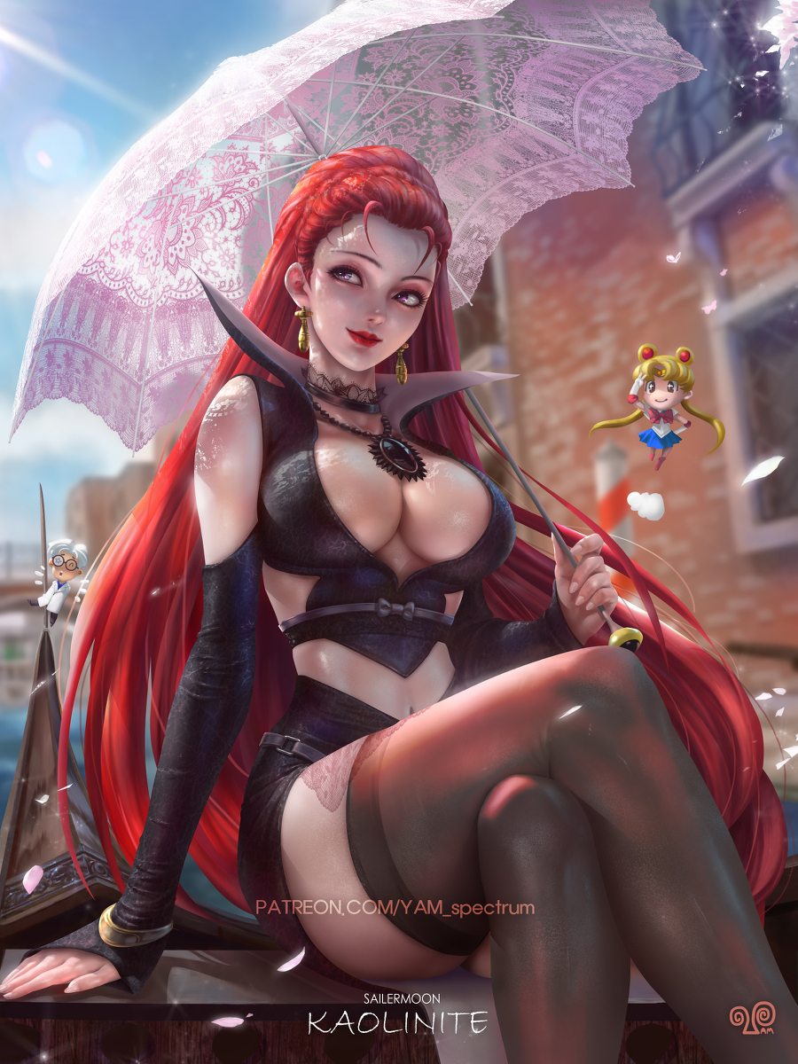 1_girl 1girl bishoujo_senshi_sailor_moon breasts building city clothed crossed_legs_(sitting) earrings female kaolinite long_hair long_red_hair outdoor outside red_hair redhead revealing_clothes sailor_moon sitting stockings umbrella