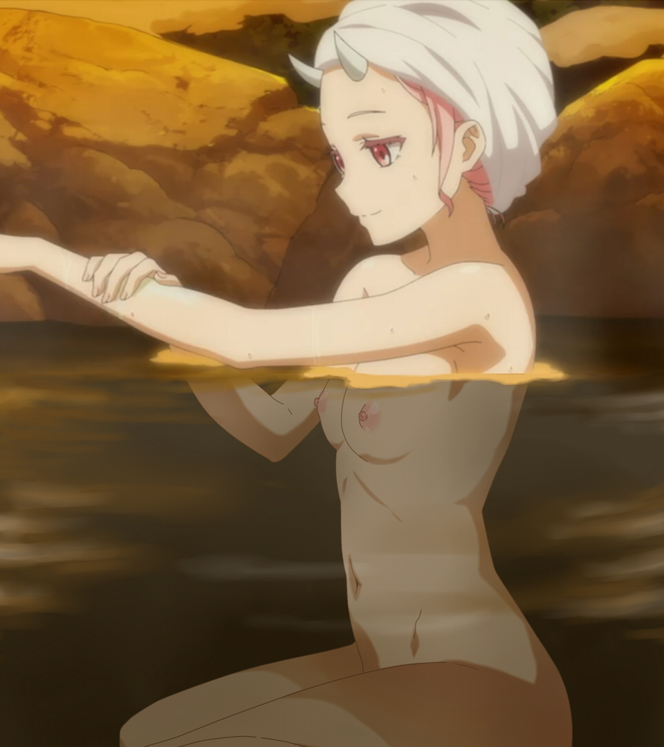 1girl bathing breasts female_only horns nude_filter pink_eyes pink_hair screen_capture shuna_(tensei_shitara_slime_datta_ken) small_breasts smile tensei_shitara_slime_datta_ken third-party_edit towel towel_on_head