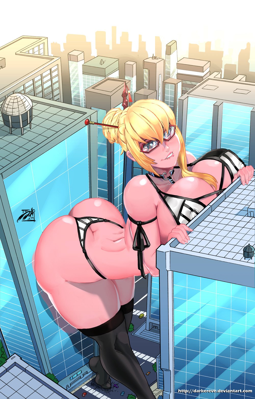 1girl 1girl ass big_penis breast_press building female_only giantess huge_breasts
