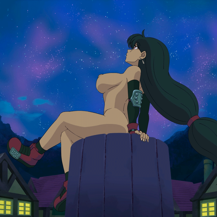 1girl alluring animated areola black_hair breasts earrings elbow_pads female_focus female_only final_fantasy final_fantasy_vii fingerless_gloves gauntlets gif hair house human long_hair looking_up loop night nipples nude nude_female outdoor outdoor_nudity outside sitting solo_female solo_focus square_enix star tifa_lockhart town twistedgrim video_games