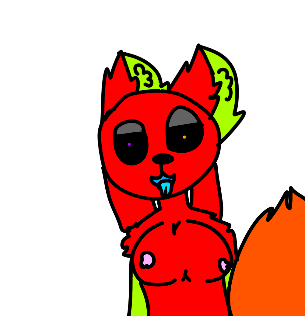 1girl animatronic green_fur nude_female orange_eyes purple_eyes red_fur