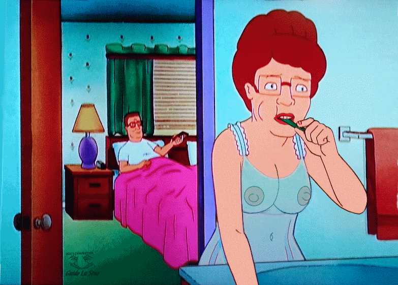 bathroom bouncing_breasts gif guido_l hank_hill king_of_the_hill mirror peggy_hill toothbrush wardrobe_malfunction