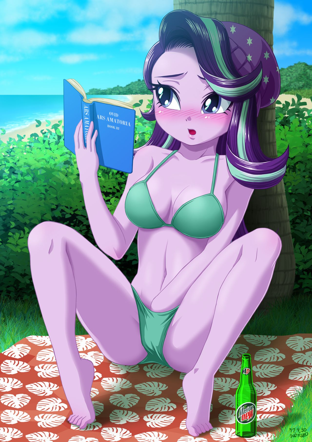 1girl beach blush book bottle bra cleavage equestria_girls female female_only friendship_is_magic hand_in_panties hat implied_fingering long_hair mostly_nude my_little_pony outdoor outside panties sitting solo starlight_glimmer starlight_glimmer_(mlp) uotapo