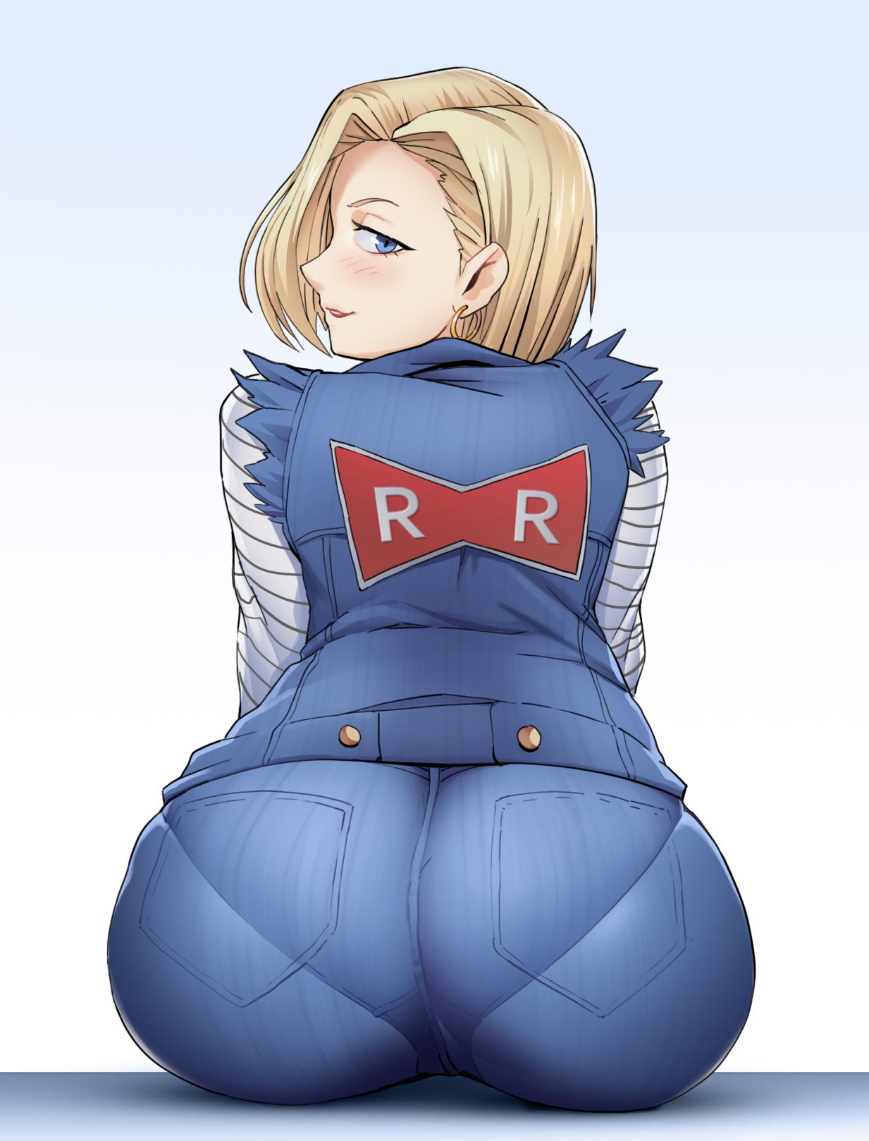 1girl android_18 ass blush clothing dragon_ball dragon_ball_z huge_ass looking_back pantylines tight_clothing