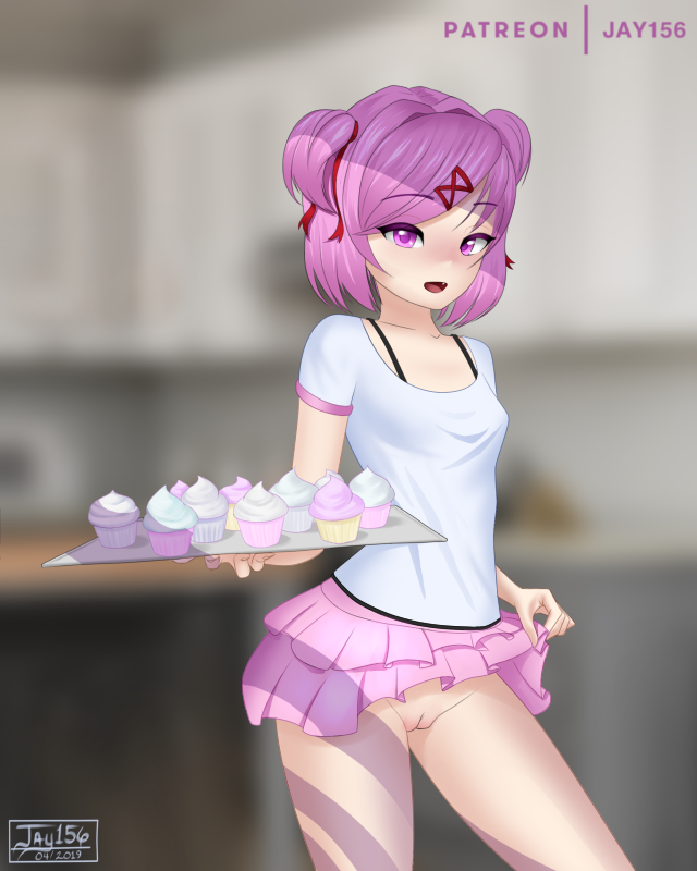 1girl 2019 artist_name artist_signature black_bra blurry blurry_background blush bra_strap breasts clavicle clothed clothed_female clothing clothing_lift collarbone cowboy_shot cupcake cupcakes cute dated depth_of_field doki_doki_literature_club exposing eyebrows eyebrows_visible_through_hair fang female female_focus female_only female_solo food frilled_skirt frills genital_slit grin hair_ornament hair_ribbon hairclip hairless hairless_pussy half-closed_eyes happy holding holding_food holding_object indoor indoors jay156 jay156_(artist) kitchen legs lifted_by_self light-skinned light-skinned_female light_skin looking_at_viewer matching_hair/eyes natsuki_(doki_doki_literature_club) no_panties no_underwear nopan open_mouth open_smile paipan petite pink_eyes pink_hair pink_skirt presenting presenting_pussy presenting_self pussy pussy_peek red_hair_ornament ribbon ribbons shiny shiny_skin shirt short_hair short_sleeves short_twintails skirt skirt_lift slit small_breasts smile solo solo_female solo_focus standing straps thighs tied_hair twin_tails uncensored uncensored_vagina vagina white_shirt