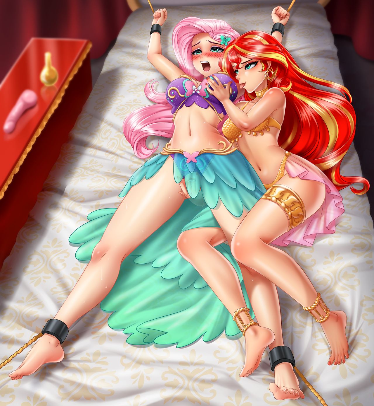 2_girls 2girls aqua_eyes bdsm bed bed_sheet bedroom bedroom_eyes blush bra breast_grab breasts dildo equestria_girls fair_skin female/female female_only fingering fingers_in_pussy fluttershy fluttershy_(mlp) friendship_is_magic grin hair_ornament hairless_pussy humanized long_hair mostly_nude my_little_pony open_mouth pink_hair pussy_juice red_hair sex_slave sex_toy sunset_shimmer sunset_shimmer_(eg) sweat tied_up two-tone_hair
