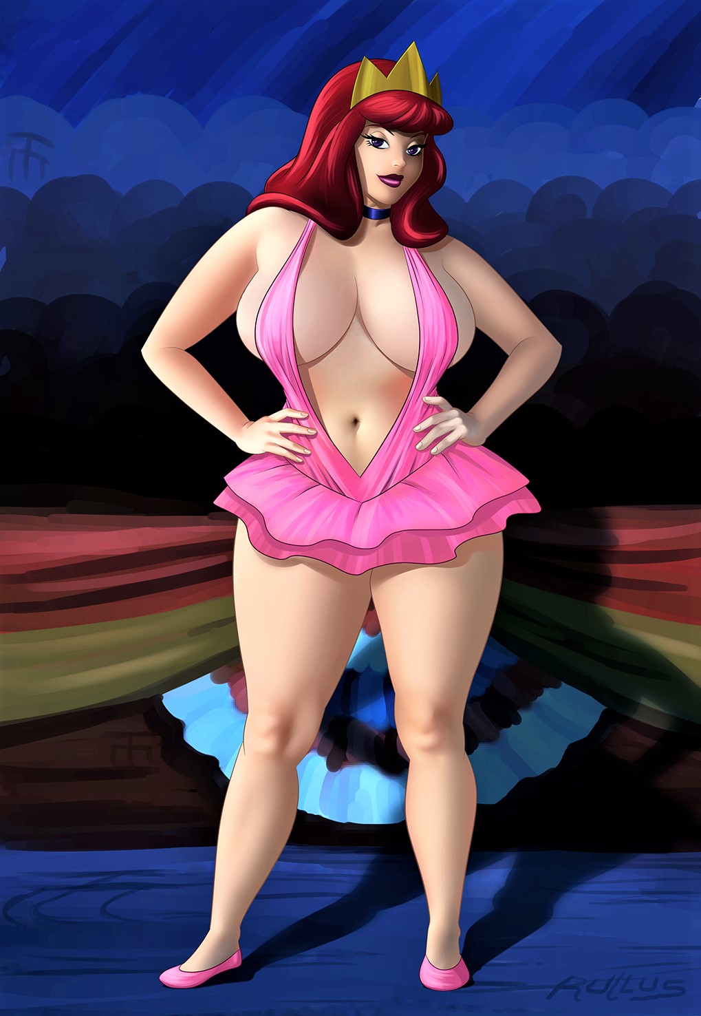 1girl big_breasts chubby clothed daphne_blake female female_human female_only hands_on_hips human looking_at_viewer minidress red_hair redhead scooby-doo solo standing thighs