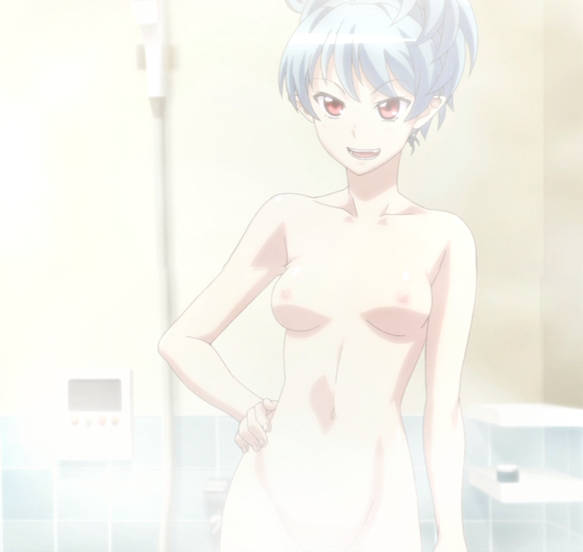 1girl bathroom blue_hair breasts casual_nudity censored convenient_censoring female_only female_solo indoors kiriha_(tsugumomo) naughty_face navel nipples nude pointed_ears screen_capture shower_head stitched tsugumomo