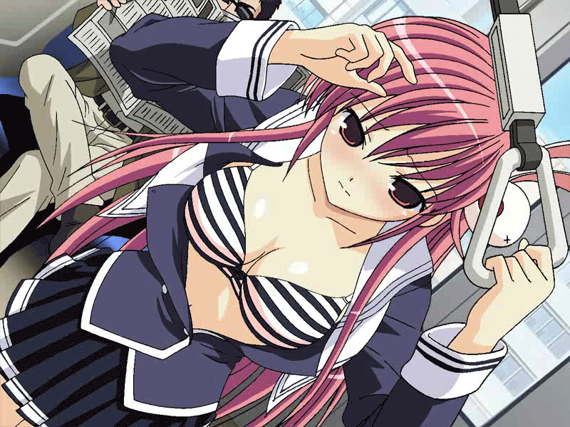bow bow_bra bra breasts breasts_outside gif long_hair no_bra open_bra open_clothes open_mouth pink_hair school_uniform striped striped_bra surprised train_interior