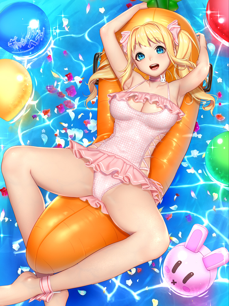 blonde_hair blue_eyes full_body masami_chie non-nude open_legs open_mouth pink_swimsuit pool smile