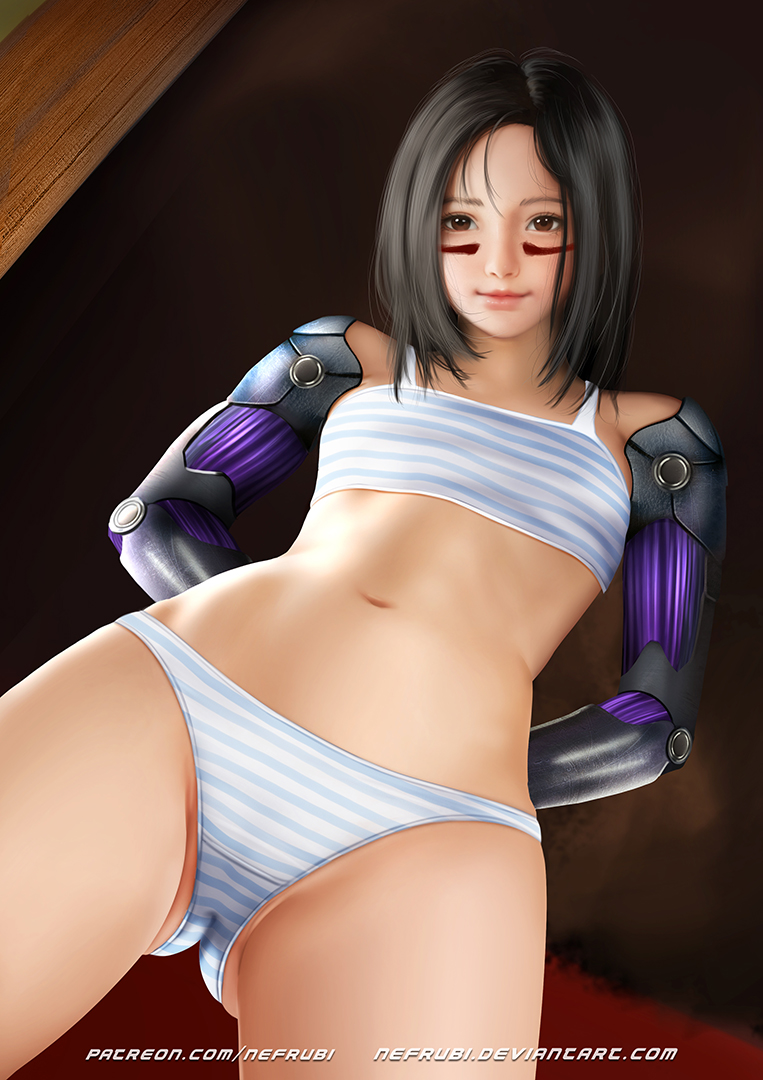 1girl alita archway_of_venus arms_behind_back artist_name ass_visible_through_thighs battle_angel_alita blue_striped_panties blue_underwear bra brown_eyes cyborg_(designation) facial_mark gally gluteal_fold gunnm looking_at_viewer nefrubi small_breasts smile stomach training_bra