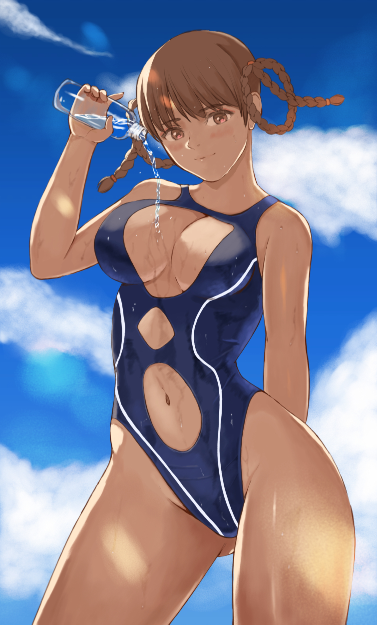 1girl alluring bangs bare_arms blue_sky blue_swimsuit blush bottle braid breasts brown_eyes brown_hair cleavage cleavage_cutout clothing_cutout cloud dead_or_alive gluteal_fold high_res highleg highleg_swimsuit holding holding_bottle lei_fang looking_at_viewer medium_breasts navel_cutout one-piece_swimsuit outside popo_agaga sky smile stockings sunlight swimsuit tecmo twin_braids water_bottle wet wet_clothes wet_swimsuit