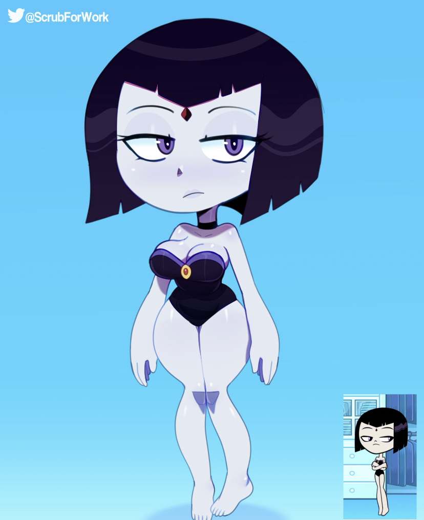 1girl 1girl 1girl barefoot black_hair blue_background breasts cleavage clothing dc_comics dc_comics female_only forehead_jewel frown grey_skin looking_away one-piece_swimsuit partially_clothed purple_eyes raven_(dc) simple_background solo_female somescrub swimsuit teen_titans teen_titans_go unamused voluptuous