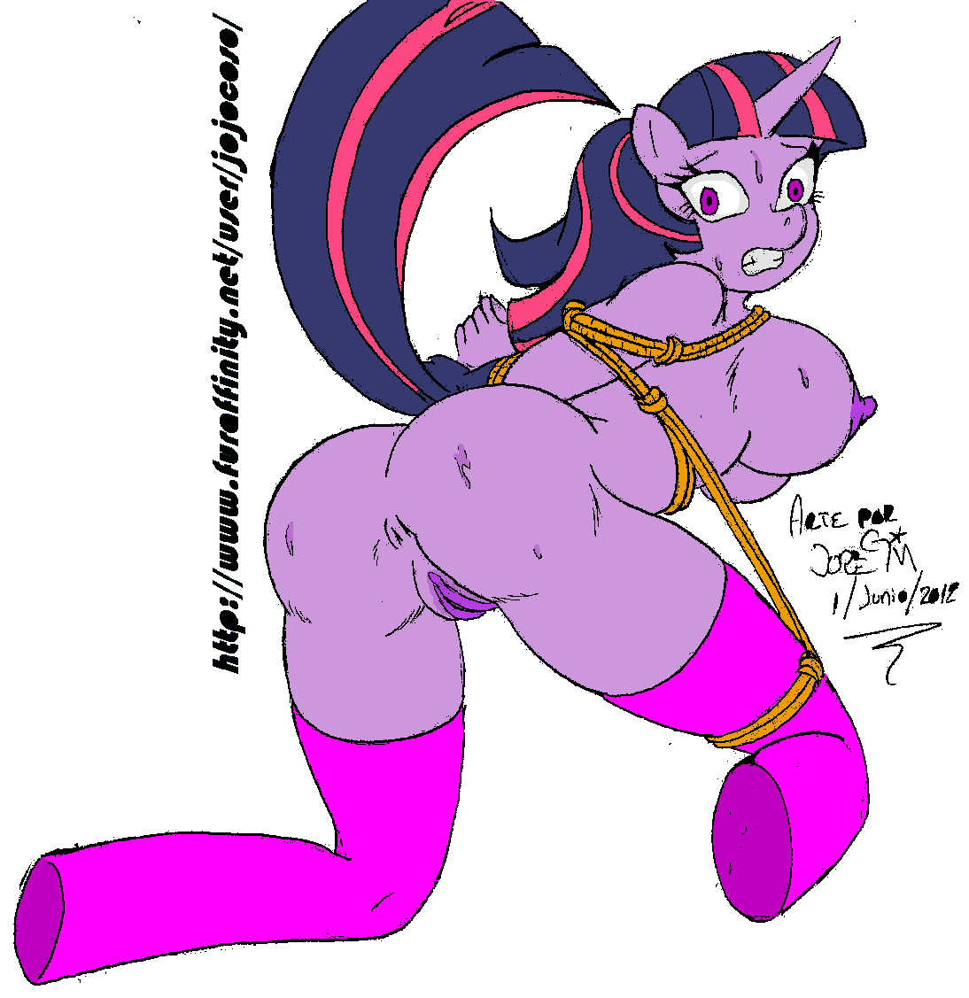 1girl 2012 anthro anthrofied ass bondage breasts female female_anthro female_only friendship_is_magic horn jojocoso looking_at_viewer my_little_pony pussy twilight_sparkle twilight_sparkle_(mlp)
