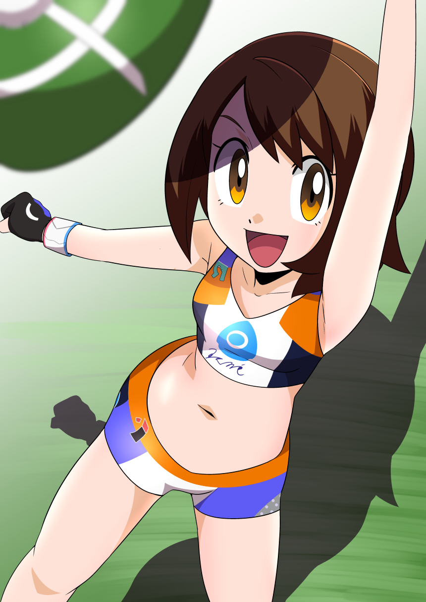1girl :d alternate_costume brown_hair clothed cosplay female female_human female_only female_protagonist_(pokemon_ss) game_freak impossible_clothes minishorts nessa_(pokemon) nintendo pokemon short_hair shorts solo solo_focus standing