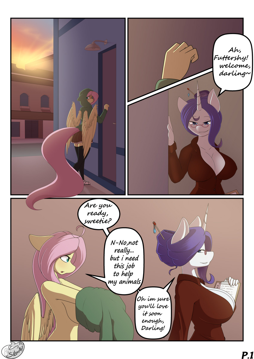 1girl 2020 absurd_res anthro blue_eyes clipboard clothed clothing comic detailed_background dialogue door duo english_text equid equine eyewear fluttershy_(mlp) friendship_is_magic furry glasses high_res horn legwear mammal my_little_pony pterippus rarity_(mlp) side_view silverfox057 text undressing unicorn wings