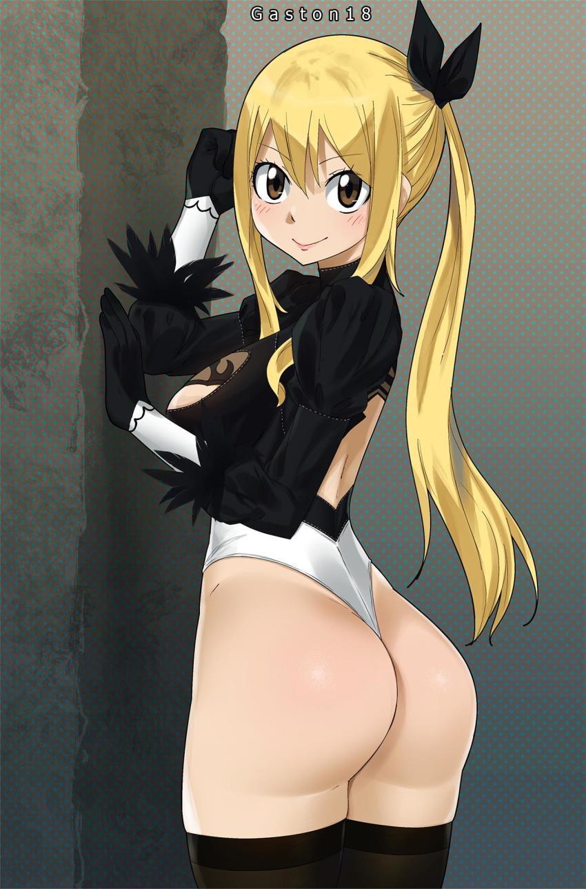 1girl alternate_costume ass big_ass big_breasts blonde_hair blush breasts cosplay fairy_tail impossible_clothes leotard long_hair looking_at_viewer looking_back lucy_heartfilia nier:_automata revealing_clothes yorha_2b_(cosplay) yorha_no._2_type_b