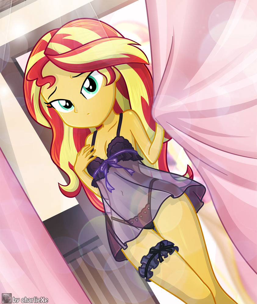 1girl bra charliexe equestria_girls female female_only friendship_is_magic indoors long_hair looking_at_viewer mostly_nude my_little_pony panties revealing_clothes see-through solo standing sunset_shimmer sunset_shimmer_(eg) underwear