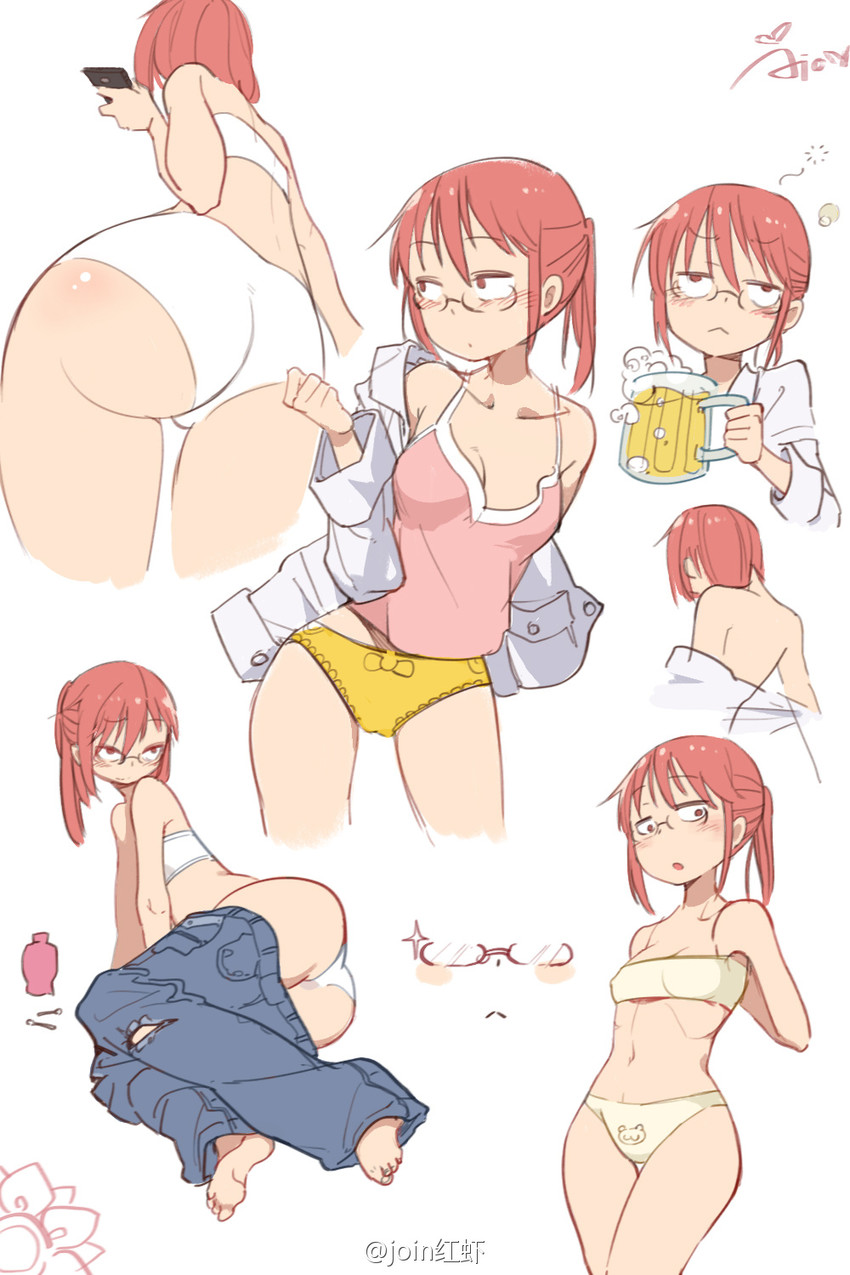 10s 1girl :&lt; alcohol artist_name ass bare_back barefoot beer beer_mug big_ass blush bra breasts brown_hair camisole cellphone chinese_text collarbone denim dress_shirt drunk error from_below glasses high_ponytail highres holding jeans join_hongxia kobayashi-san_chi_no_maidragon kobayashi_(dragon_maid) lingerie long_hair looking_at_viewer medium_breasts miss_kobayashi's_dragon_maid multiple_views navel open_clothes open_shirt panties pants phone ponytail print_panties printed_panties red_eyes red_hair shirt signature simple_background small_breasts smartphone source_request stomach strapless torn_clothes underwear white_background white_panties white_shirt yellow_panties