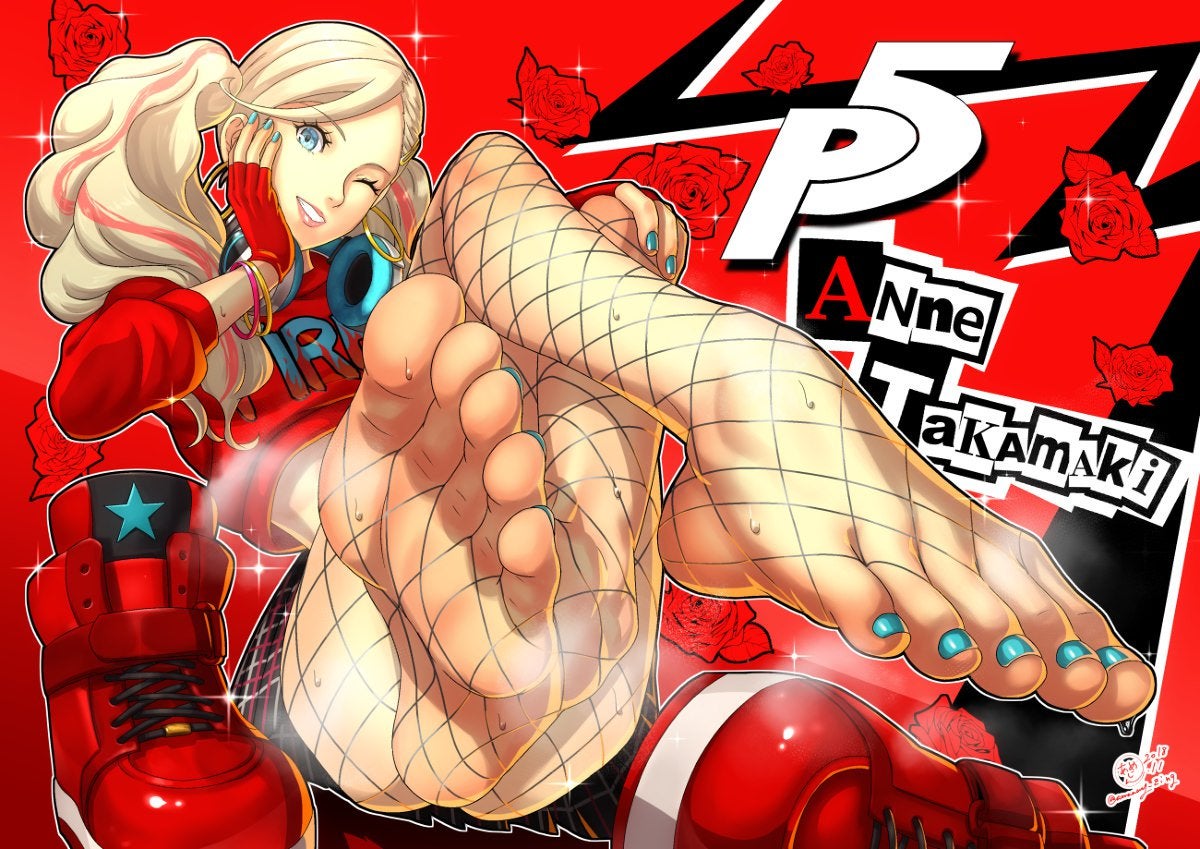 ann_takamaki blonde_hair blue_eyes blue_nails feet feet_pads feet_up fishnet fishnet_legwear fishnet_stockings foot foot_fetish headphones headphones_around_neck legs legs_crossed nails persona_5 ponytails red_shirt red_shoes rings shoes shoes_removed
