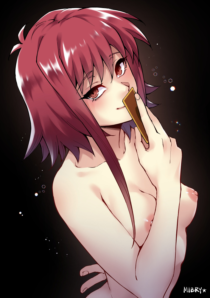 1girl 1girl 1girl areola arm_behind_back artist_name bangs blush breasts brown_eyes card card_(object) clavicle dutch_angle hexagon holding holding_card holding_object izayoi_aki looking_at_viewer medium_breasts mibry_(phrysm) nipples nude perspective red_hair short_hair smile upper_body yu-gi-oh! yu-gi-oh!_5d's