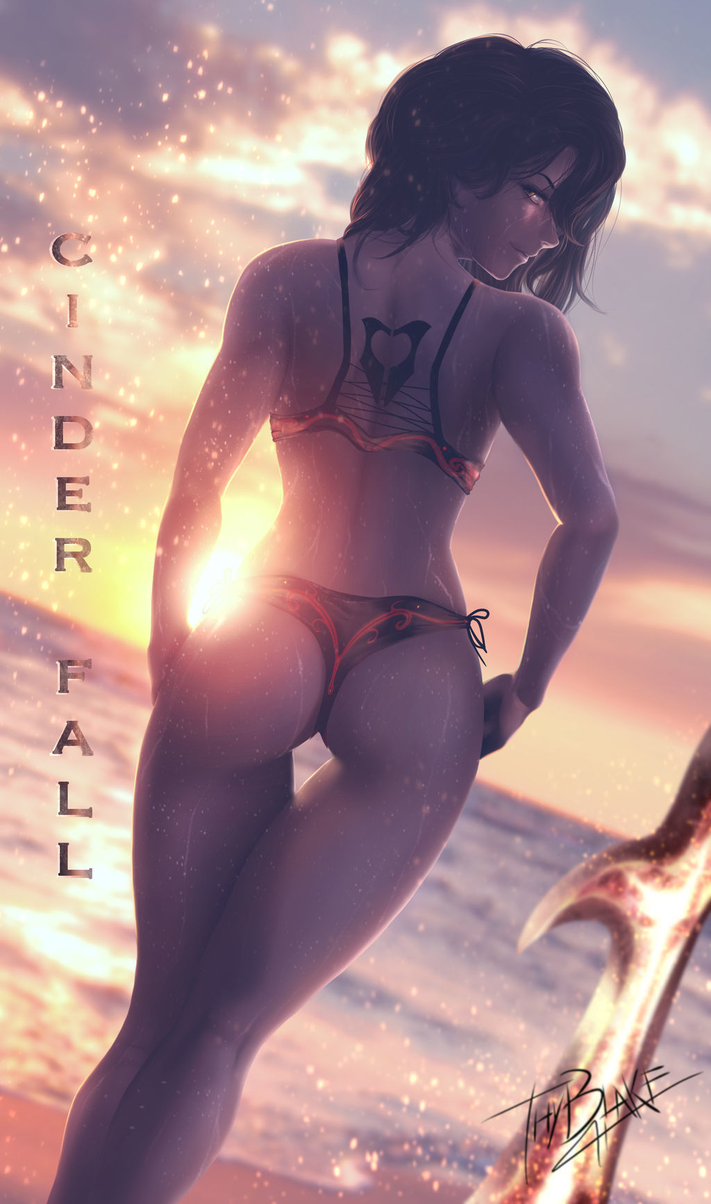 1girl ass beach bra cinder_fall female female_only kneepits long_hair looking_at_viewer looking_back mostly_nude outdoor outside panties rwby solo standing