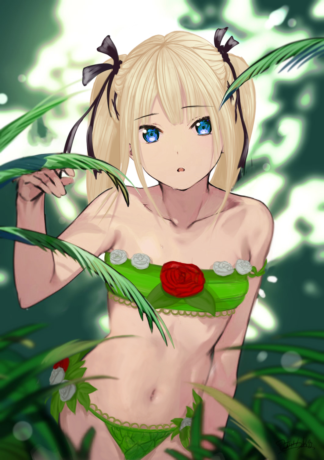 1girl :o ahoge bandeau bare_arms bare_shoulders blonde_hair blue_eyes blurry breasts clavicle cowboy_shot depth_of_field hair_between_eyes hair_ornament hand_up high_resolution konbu_wakame leaf looking_at_viewer nature navel original outside parted_lips pelvic_curtain plant signature small_breasts standing stomach strapless