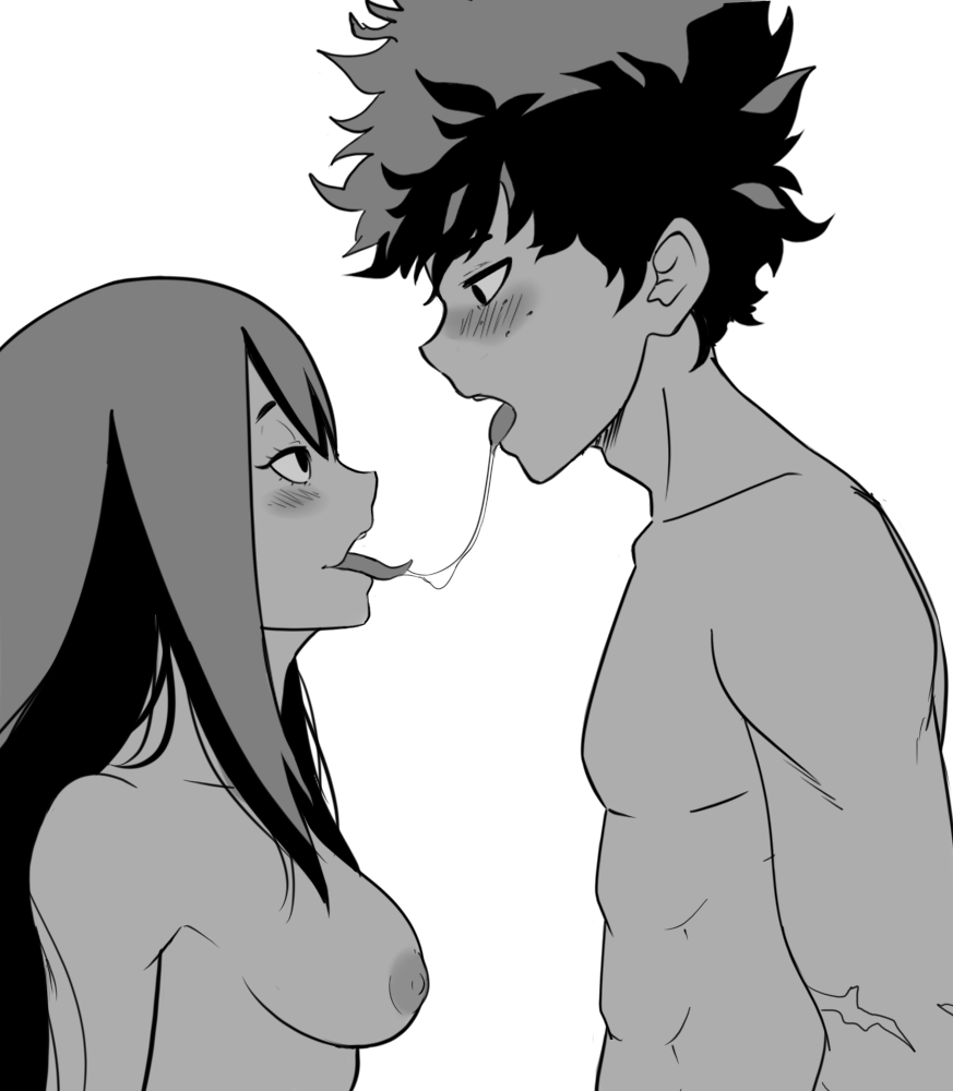 1boy 1girl abs after_kiss areola asui_tsuyu bangs bare_shoulders bedroom_eyes big_breasts blush boku_no_hero_academia breasts duo eye_contact eyelashes freckles greyscale hair_between_eyes half-closed_eyes height_difference hetero long_hair looking_at_another looking_pleasured male medium_breasts midoriya_izuku monochrome my_hero_academia nipples no_bra open_mouth open_smile saliva saliva_trail scar side_view sideboob simple_background smile tongue tongue_out topless very_long_hair white_background zanzagen