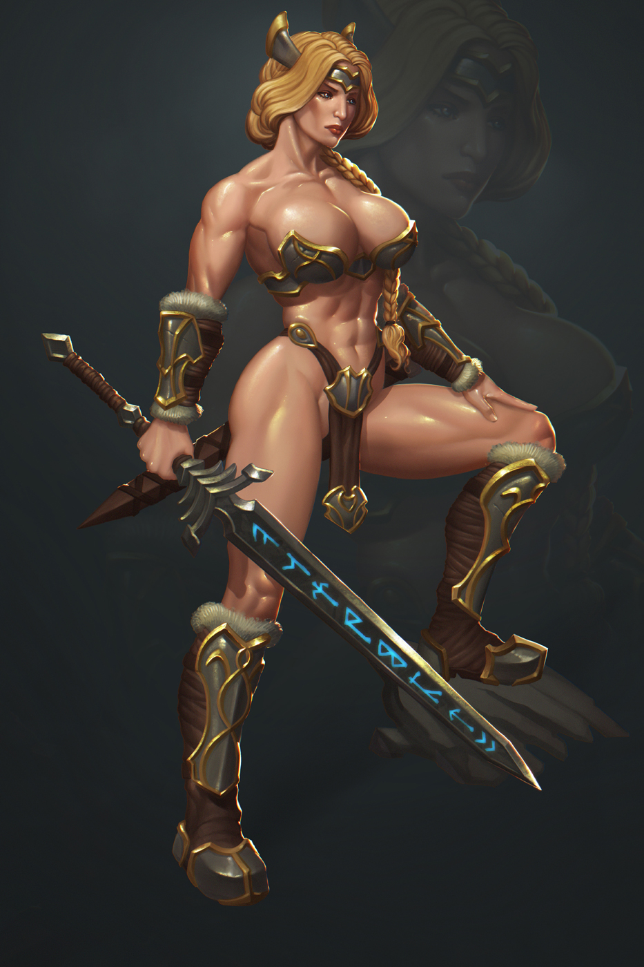 1girl armor bikini_armor blonde_hair boots breasts long_hair no_panties ponytail solo sword warrior weapon wrist_guards