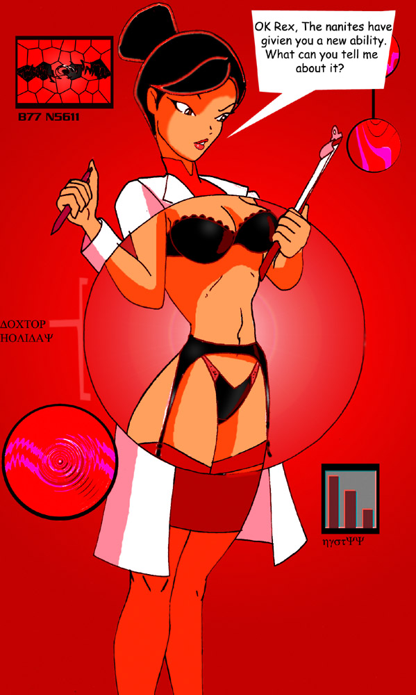 1girl black_hair bra breasts brunette clothed english_text female female_human female_only garter_belt generator_rex human inspector97 labcoat panties rebecca_holiday skirt solo solo_female speech_bubble standing stockings x-ray_vision