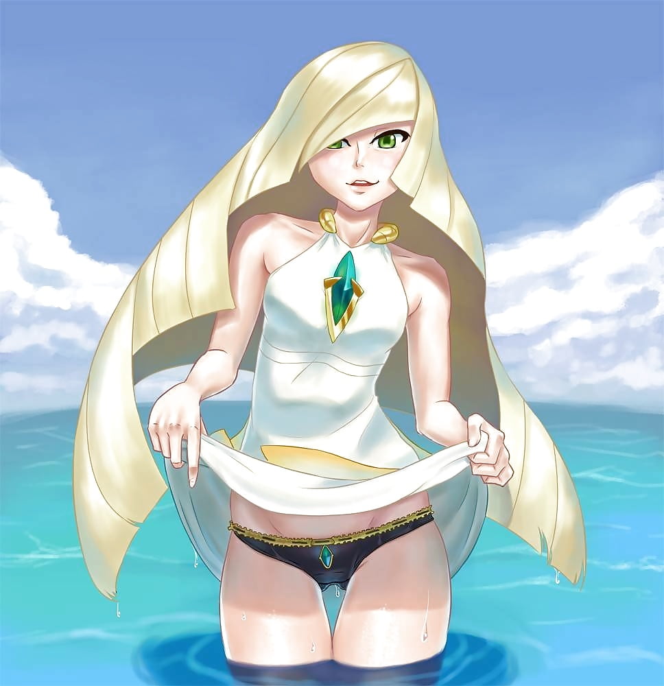 1girl bare_shoulders blonde_hair dress dress_lift female female_human female_only green_eyes long_hair looking_at_viewer lusamine panties pokemon solo standing standing_in_water thigh_gap